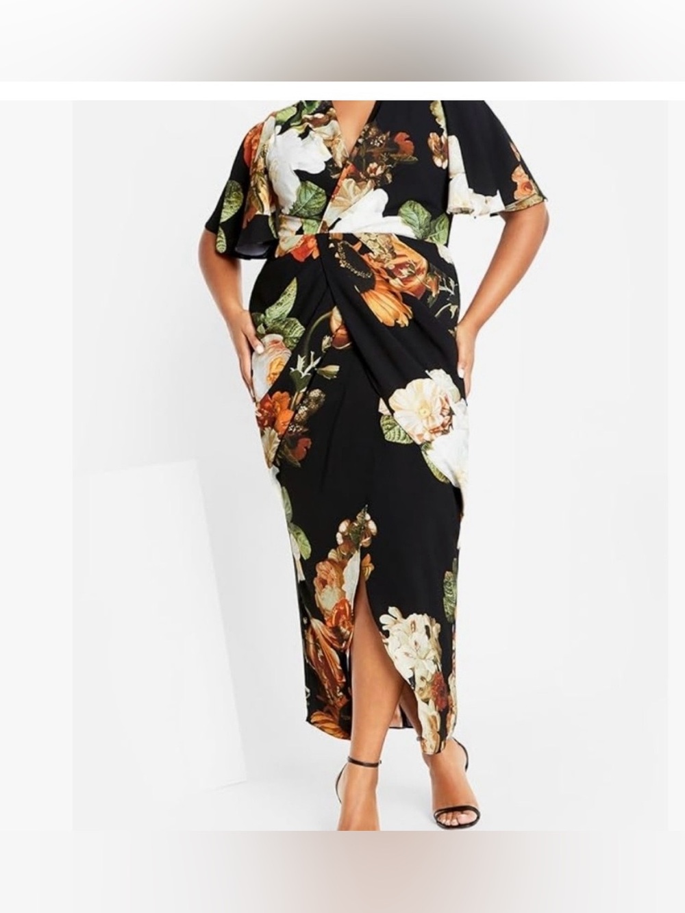 City Chic Plus Black Floral Wrap Midi Dress